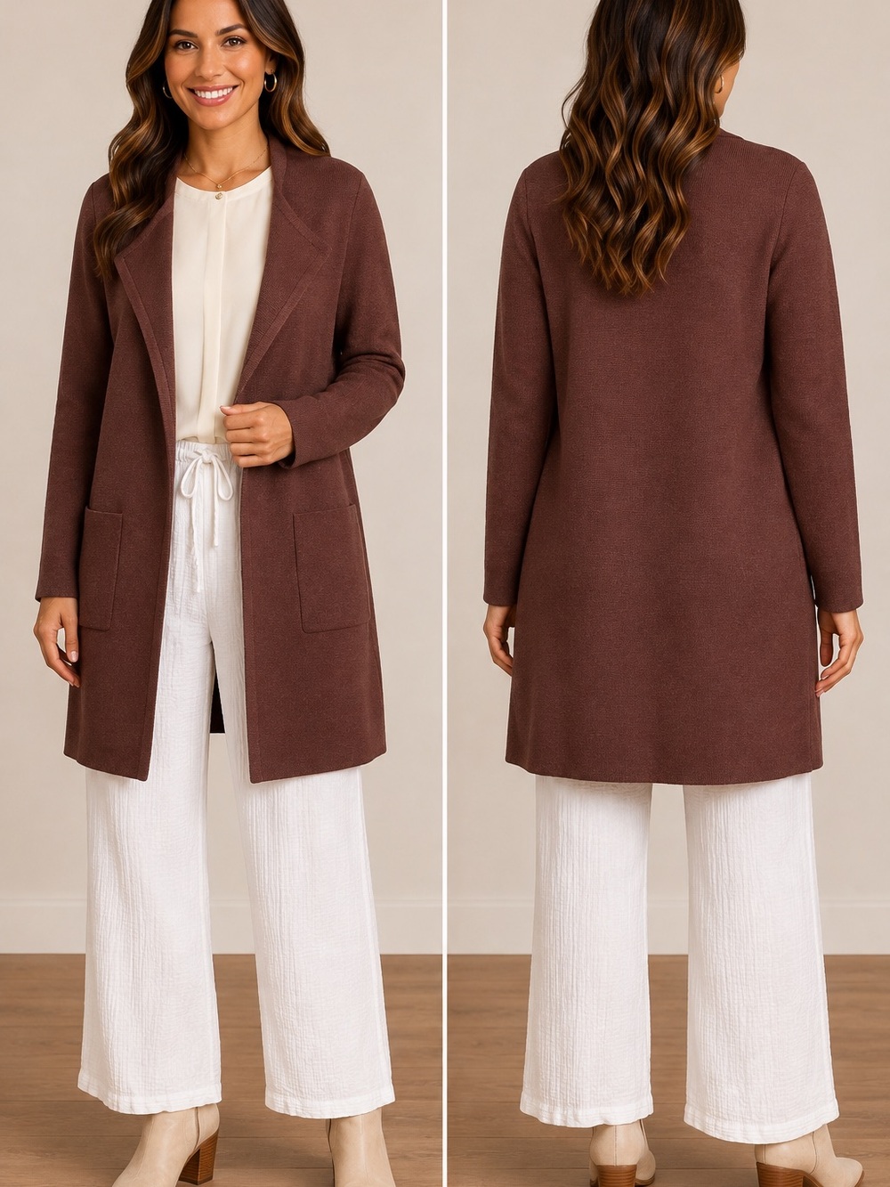 ANRABESS Long Open Front Cardigan Coatigan XS Brown